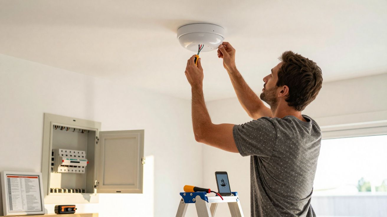 Homem a instalar detector de fumo no teto de uma casa com ferramentas numa escada.