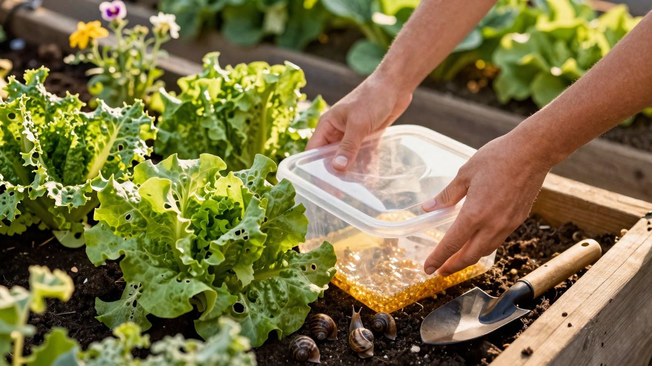 Mãos a colocar recipiente com grânulos amarelos ao lado de alfaces em canteiro de jardim, com caracóis e enxada.