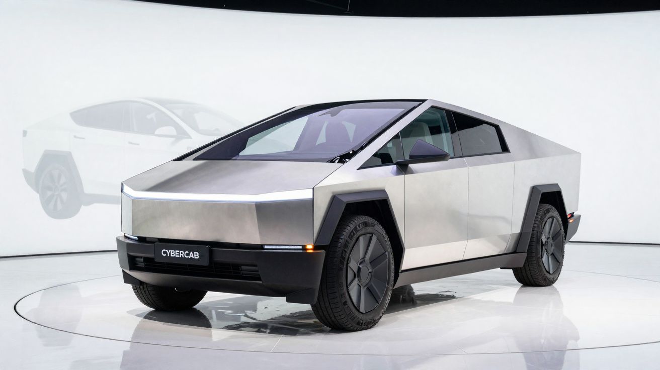 Veículo elétrico futurista de cor prateada exposto num stand com fundo branco.