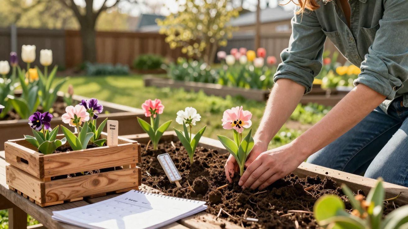 Pessoa a plantar tulipas cor-de-rosa num jardim com caixa de flores e caderno numa mesa de madeira.