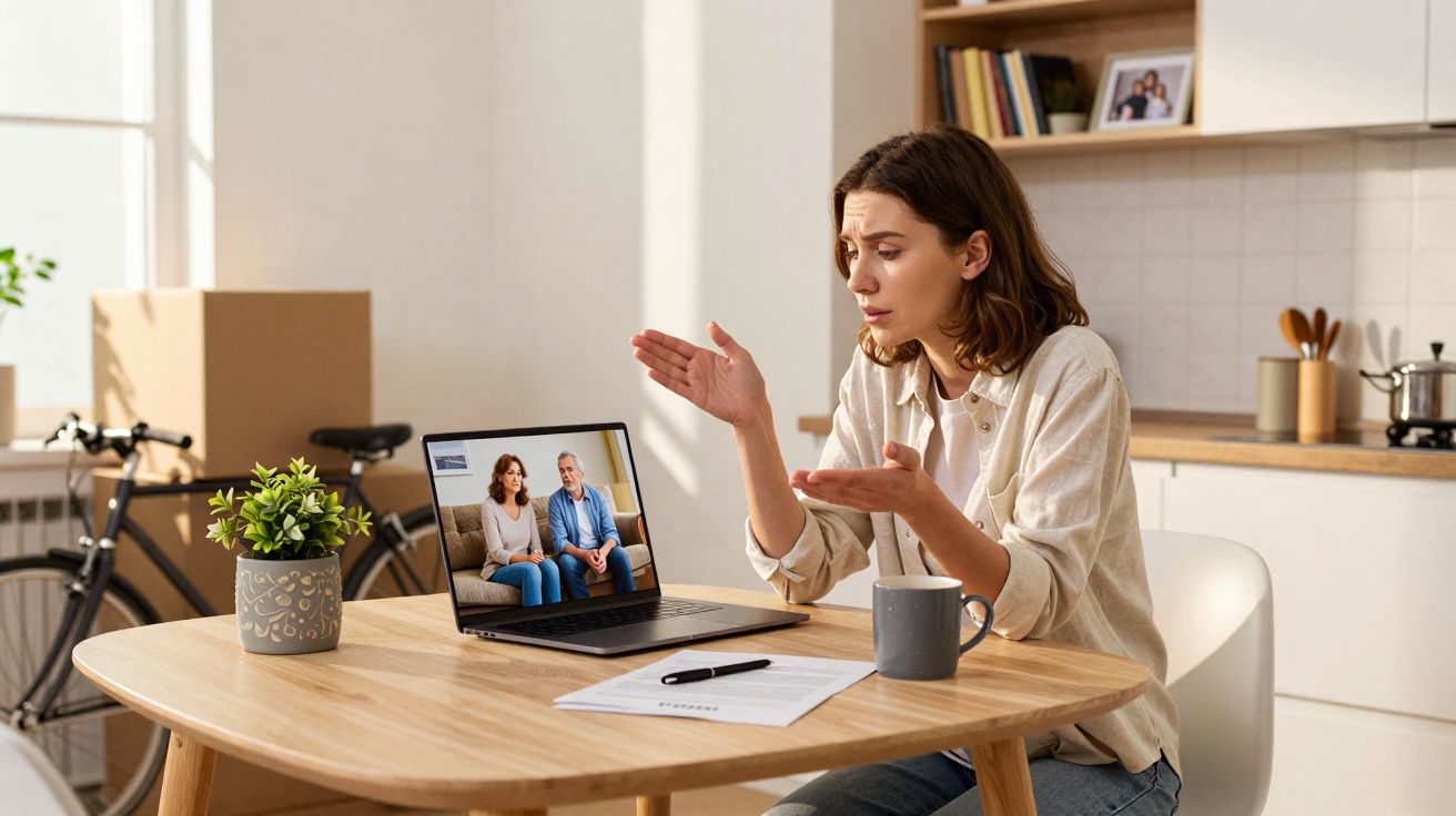 Mulher numa videochamada séria com casal, sentada à mesa com folha e caneta numa cozinha moderna.