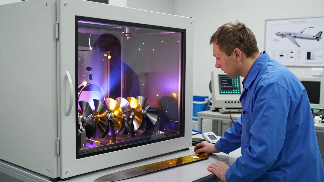 Homem em bata azul observa máquina com turbinas metálicas em laboratório tecnológico.