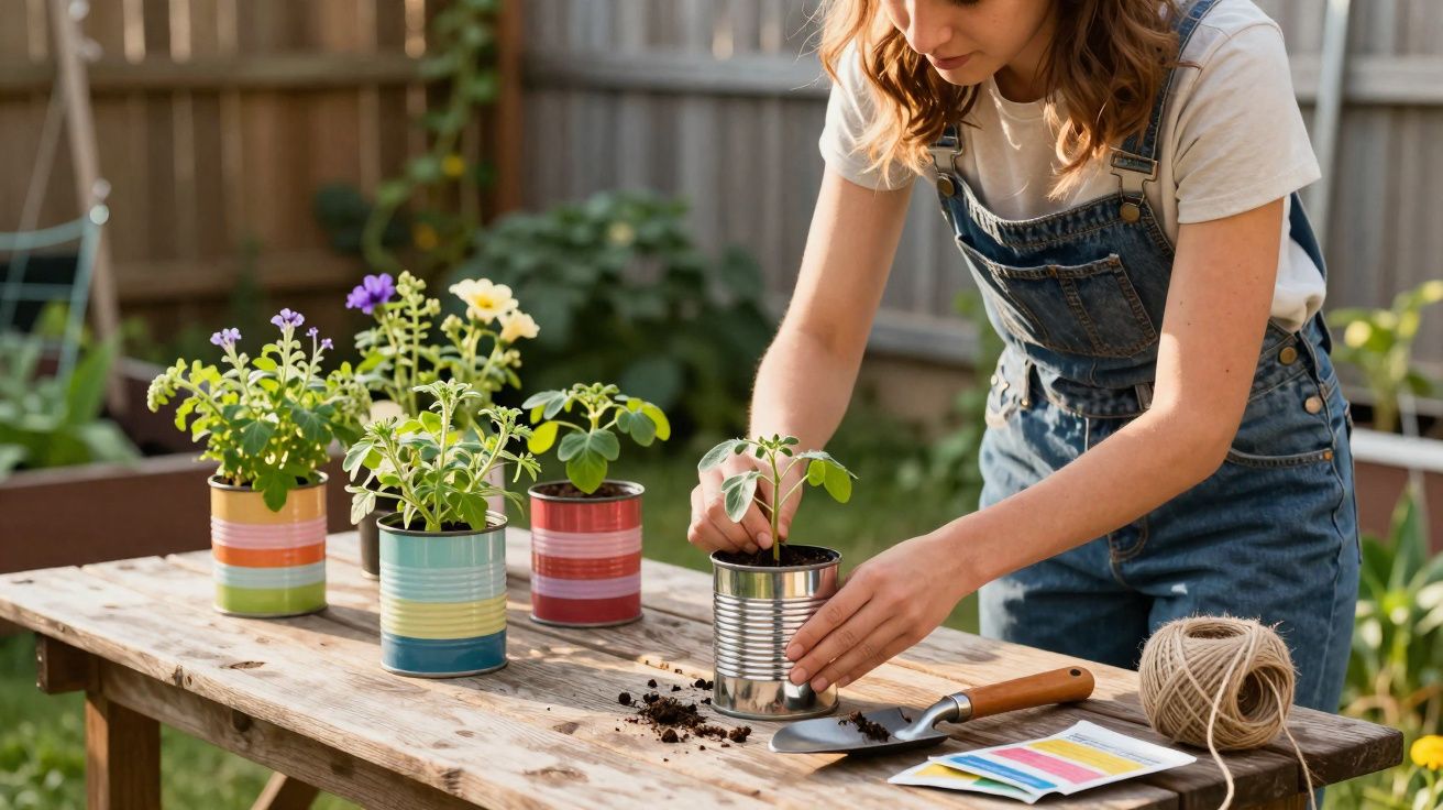 Jovem a cuidar de plantas em latas reaproveitadas numa mesa de madeira ao ar livre.
