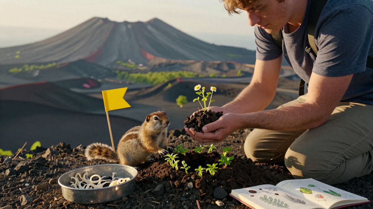 Homem ajoelhado a plantar flores com esquilo ao lado, em terra vulcânica com livros abertos e bandeira amarela.