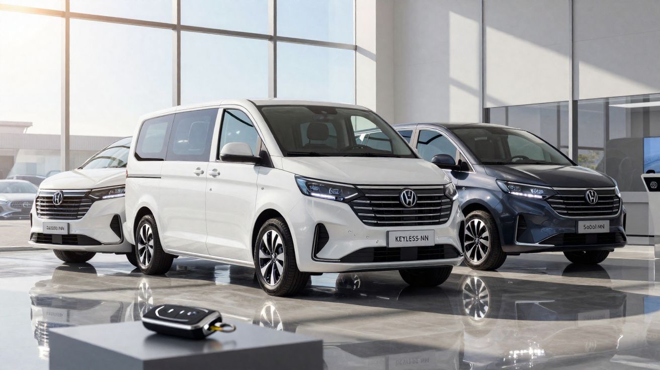 Três carros modernos estacionados em exposição num salão iluminado com chave à frente.