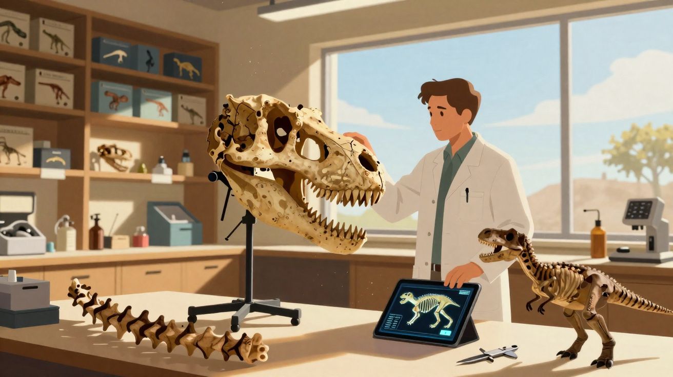 Cientista em laboratório a examinar crânio de dinossauro com tablet e esqueletos ao redor.