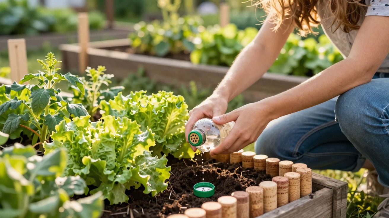 Pessoa a regar plantas verdes numa horta urbana com um regador improvisado de garrafa de plástico.