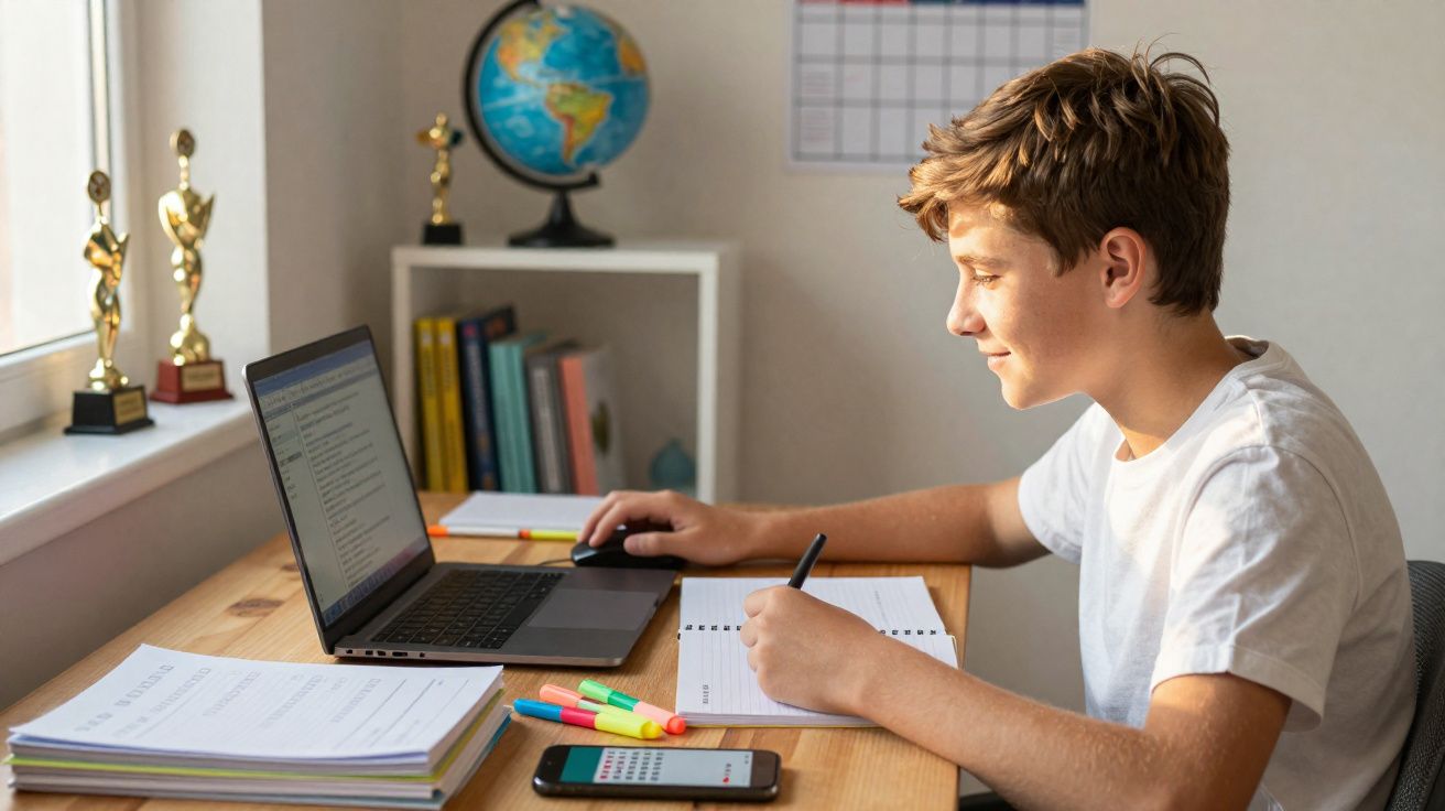 Adolescente a estudar com computador portátil, caderno e marcadores coloridos numa secretária iluminada.