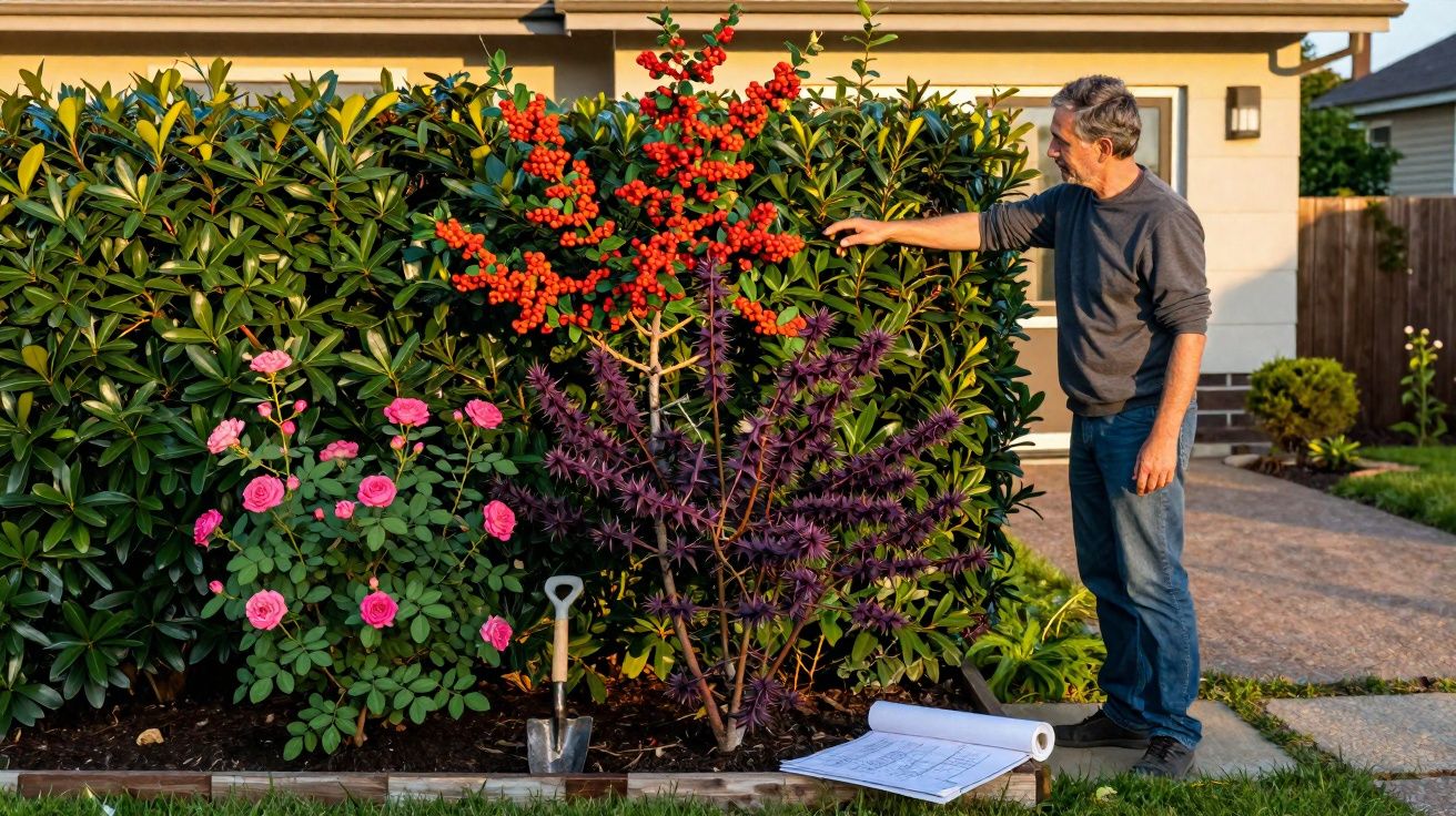 Homem a cuidar de plantas com flores cor-de-rosa, frutos vermelhos e folhas roxas num jardim doméstico.