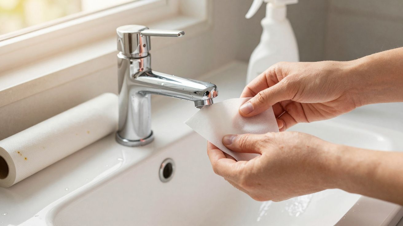 Mãos femininas a limpar uma torneira de lavatório com um pano branco, com rolo de papel e spray ao fundo.