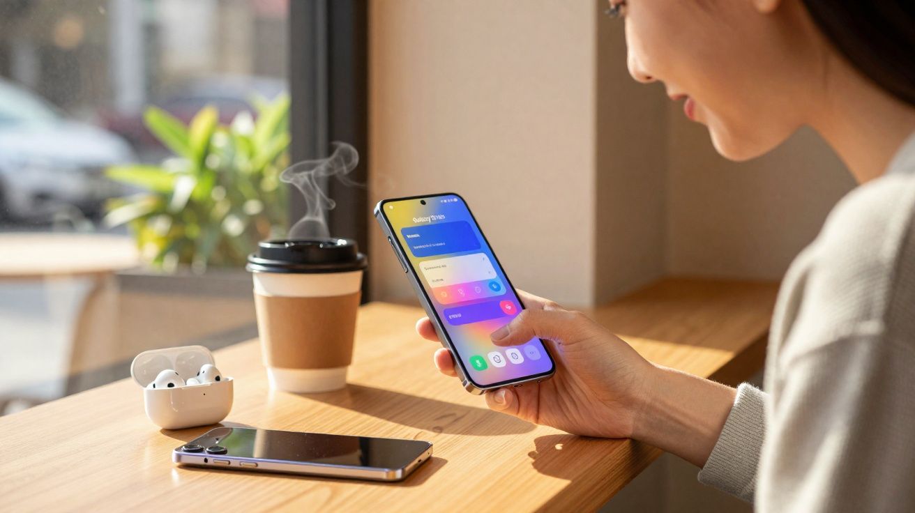 Pessoa a usar smartphone num café com auriculares sem fios, outro telemóvel e café quente numa mesa de madeira.