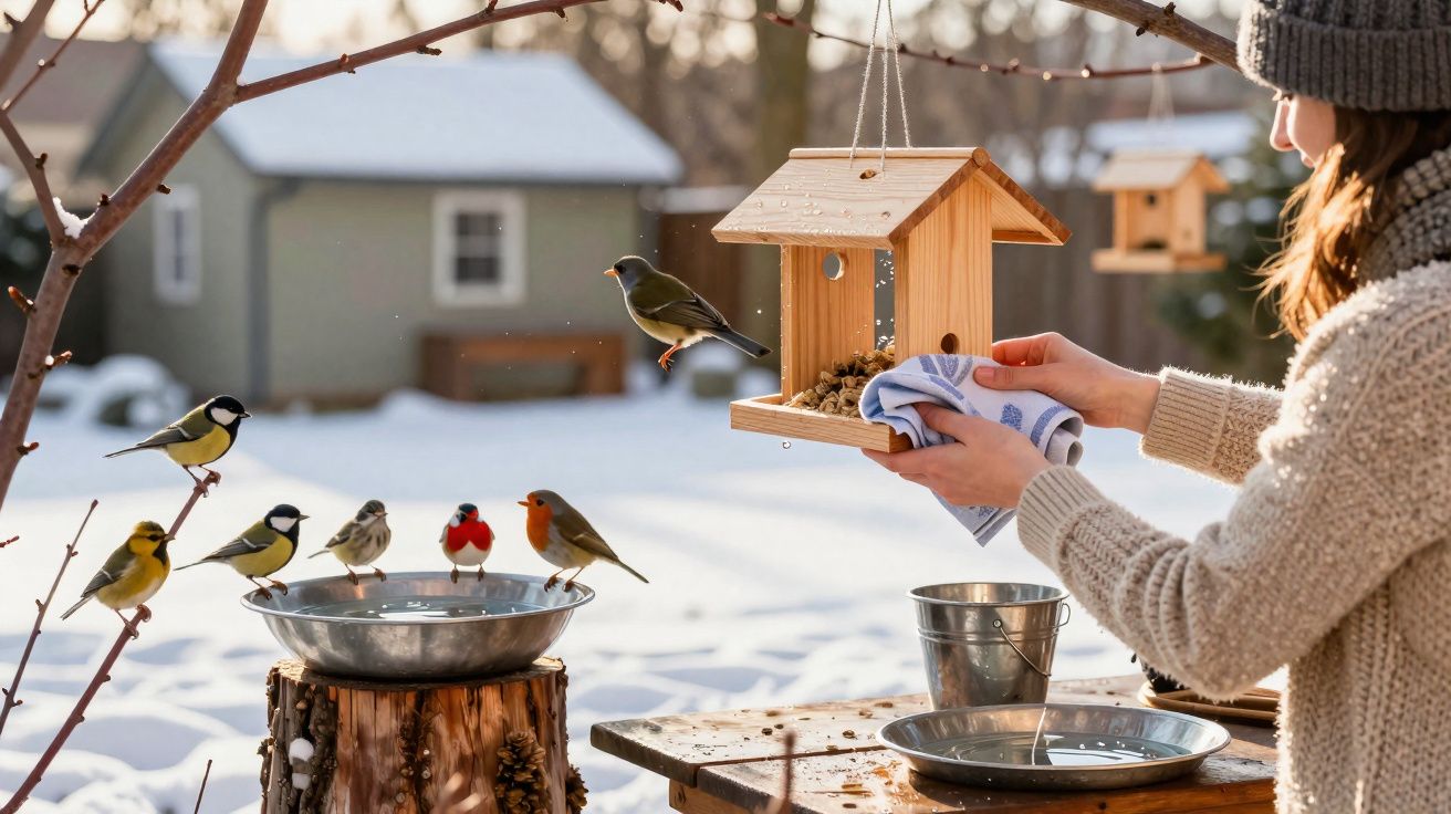 Mulher a alimentar pássaros com comedouro de madeira numa paisagem nevada durante o dia.