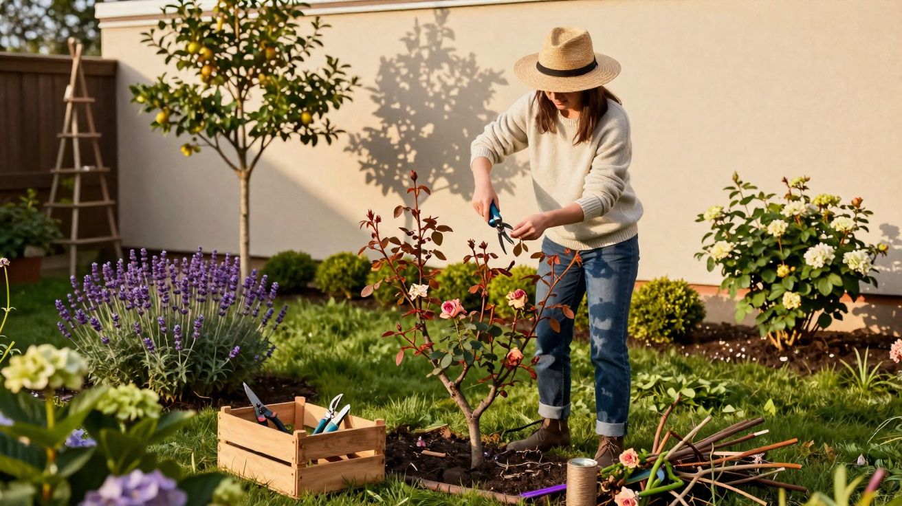 Mulher a podar roseira num jardim com chapéu de palha e caixa de ferramentas ao lado.