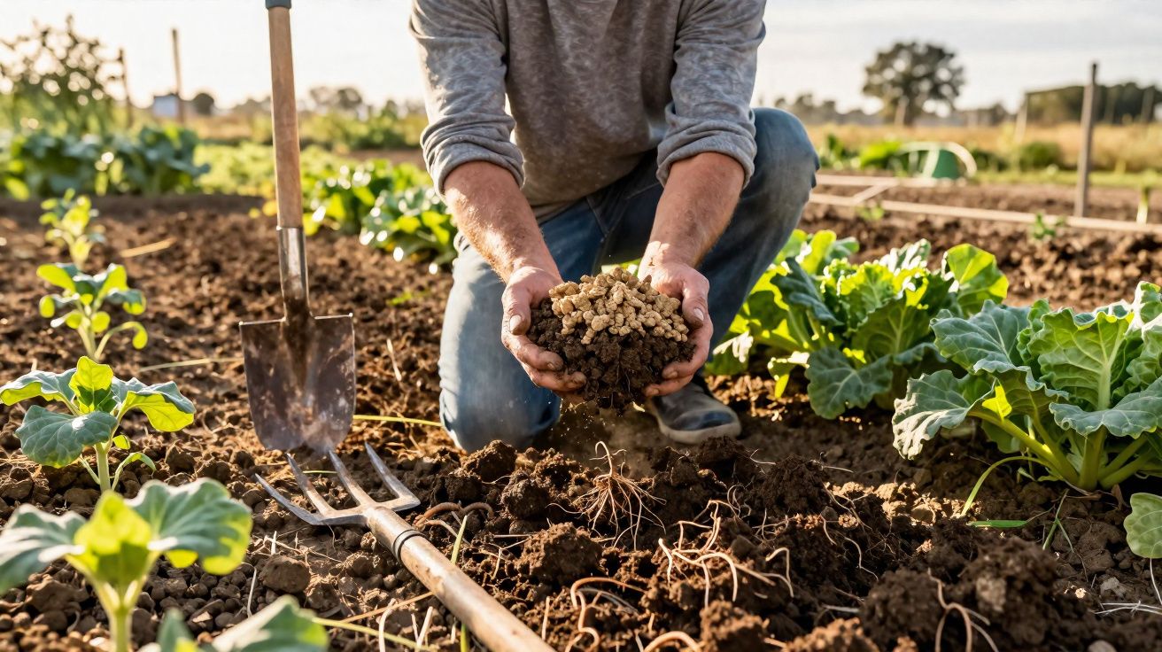 Homem ajoelhado a segurar terra com amendoins numa horta com plantas verdes ao redor.