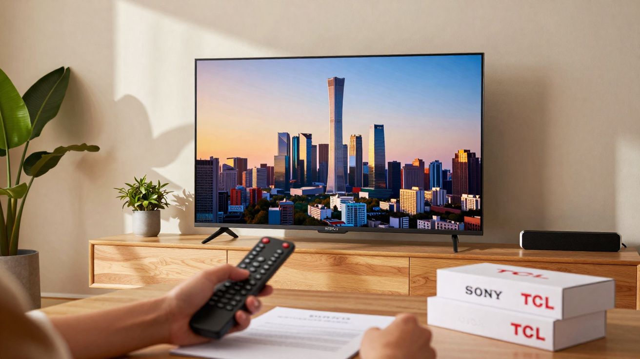 Pessoa a controlar televisão com comando remoto, mostrando arranha-céus ao pôr do sol numa sala moderna.