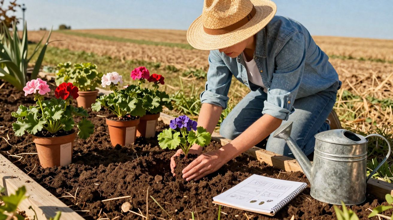 Pessoa a plantar flores coloridas num canteiro ao ar livre, com regador e caderno ao lado.