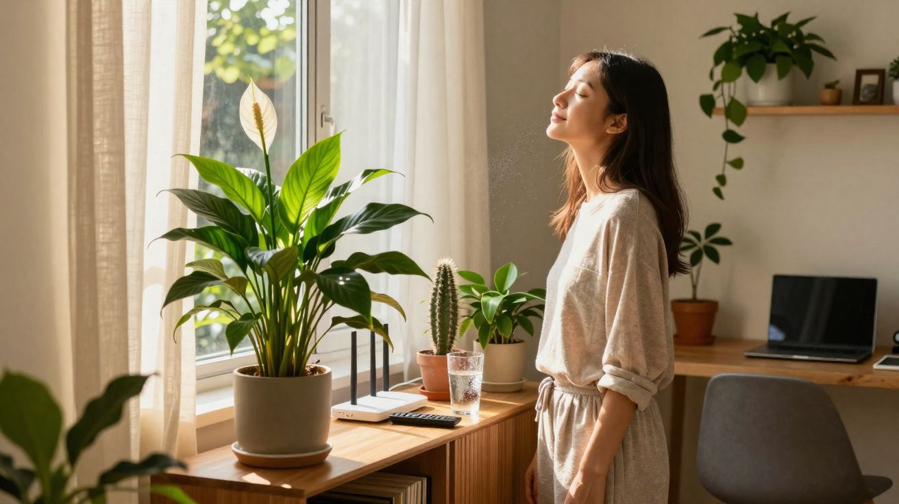 Mulher a desfrutar da luz natural junto à janela, rodeada de plantas verdes em ambiente interior acolhedor.