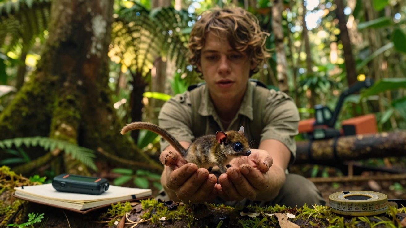 Jovem em floresta segura pequeno mamífero com cauda longa, com equipamento de pesquisa ao redor.