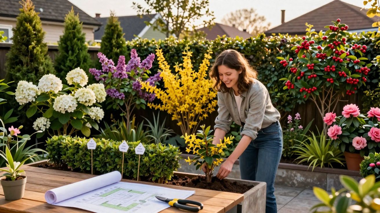 Mulher a plantar flores numa varanda com várias plantas e flores coloridas ao redor durante o dia.