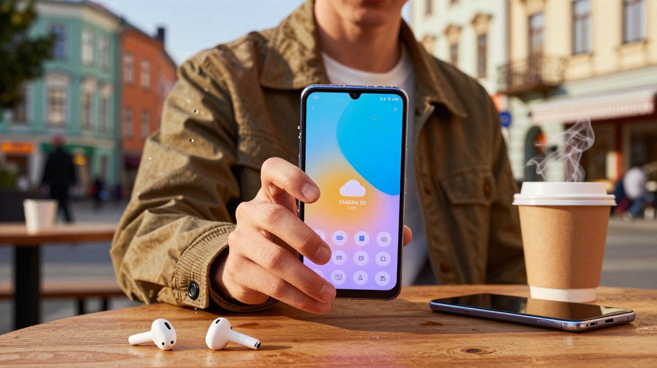 Pessoa a mostrar ecrã de smartphone com aplicação aberta, ao ar livre numa mesa com café, auriculares e outro telemóvel.