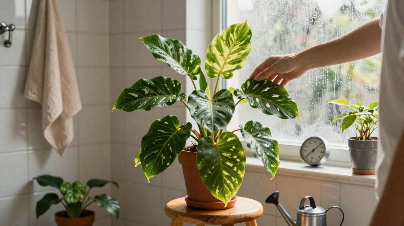 Mão a tocar folha de planta em vaso dentro de casa junto a janela com gotas de água no vidro.