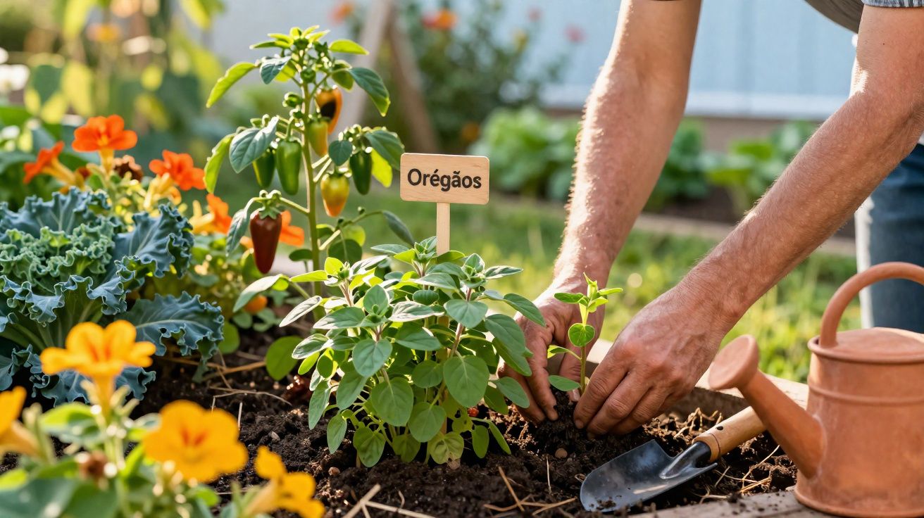 Pessoa a plantar manjericão num canteiro com etiqueta "Orégãos" rodeado de flores e regador de jardim.