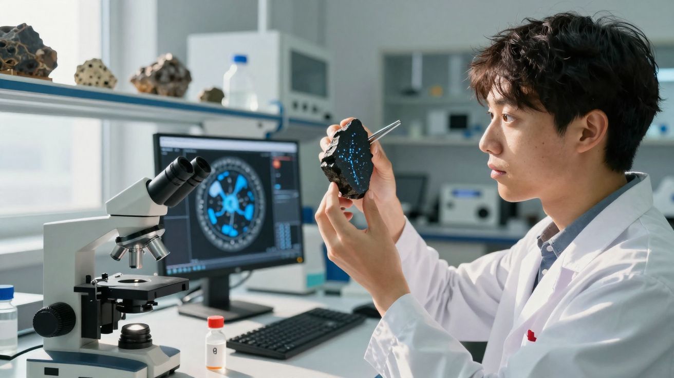 Homem em bata branca analisa amostra de rocha no laboratório com microscópio e computador ao fundo.