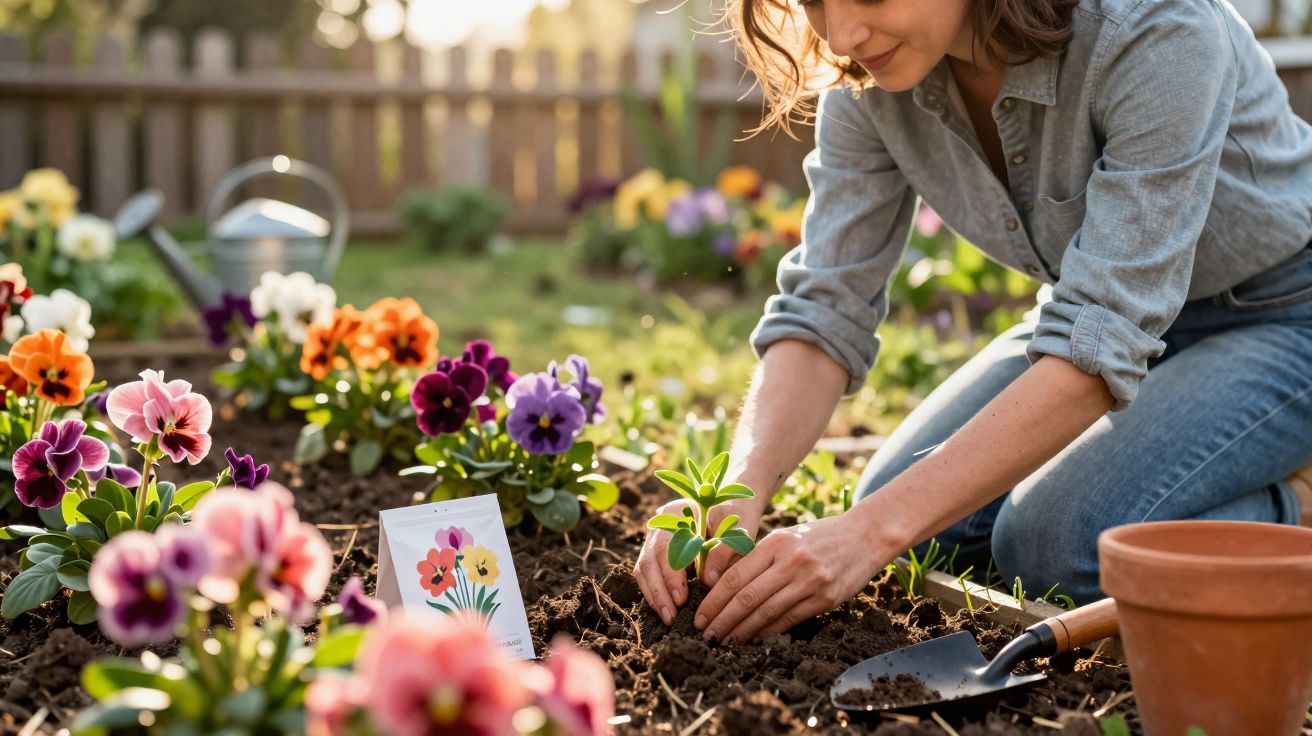 Mulher a plantar flores coloridas num jardim ensolarado, rodeada por vasos e terra fofa.