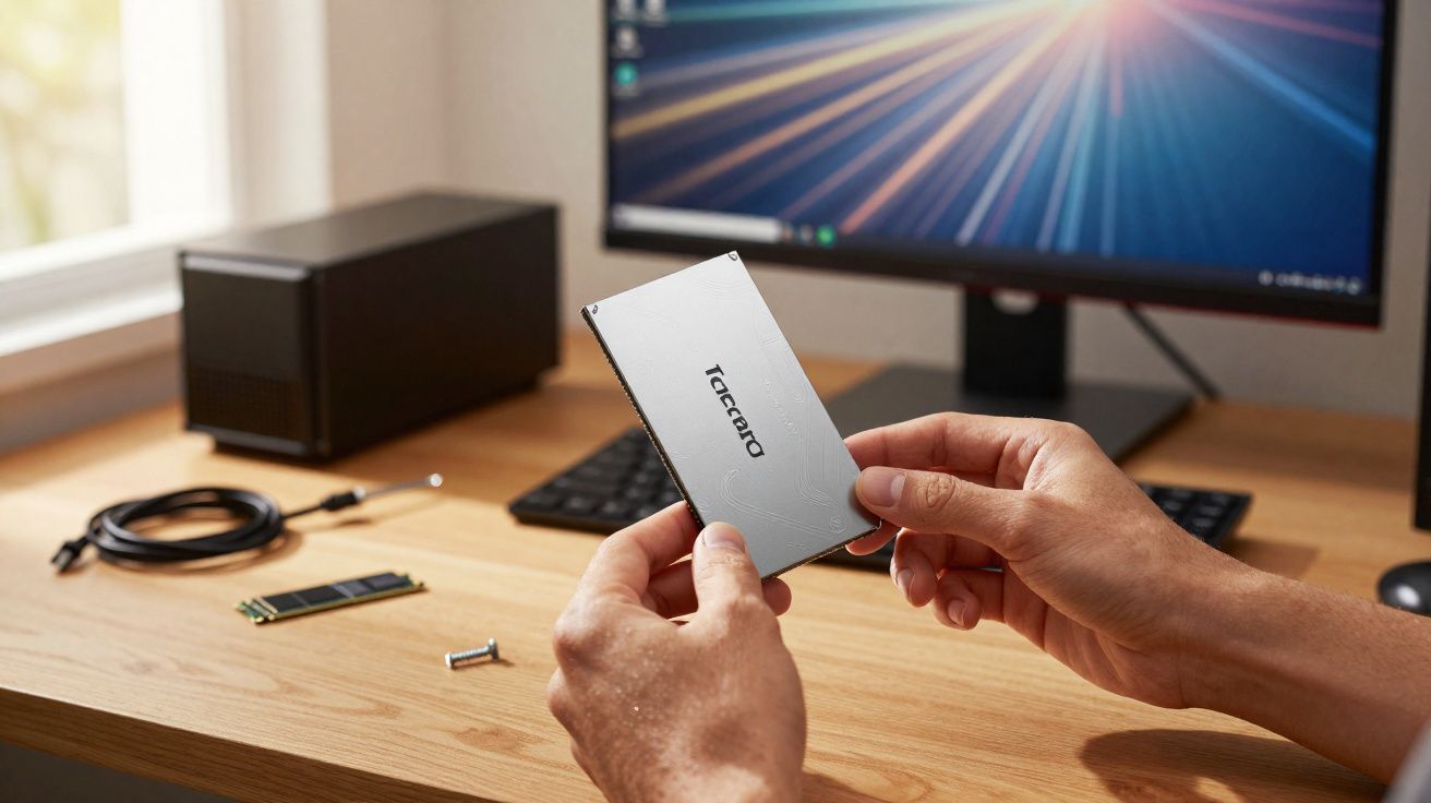 Pessoa a segurar um disco rígido SSD Taconno perto de um computador numa secretária de madeira.