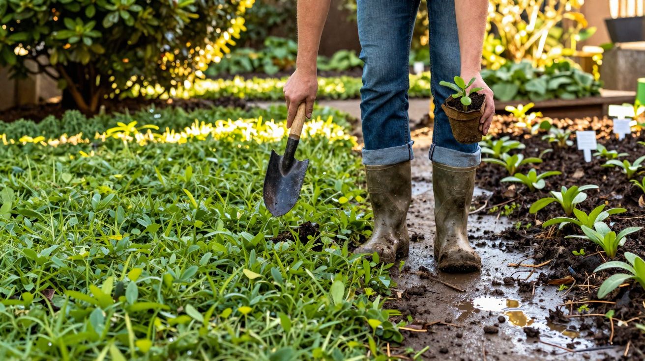 Pessoa de botas a plantar muda num jardim com muitas plantas verdes.