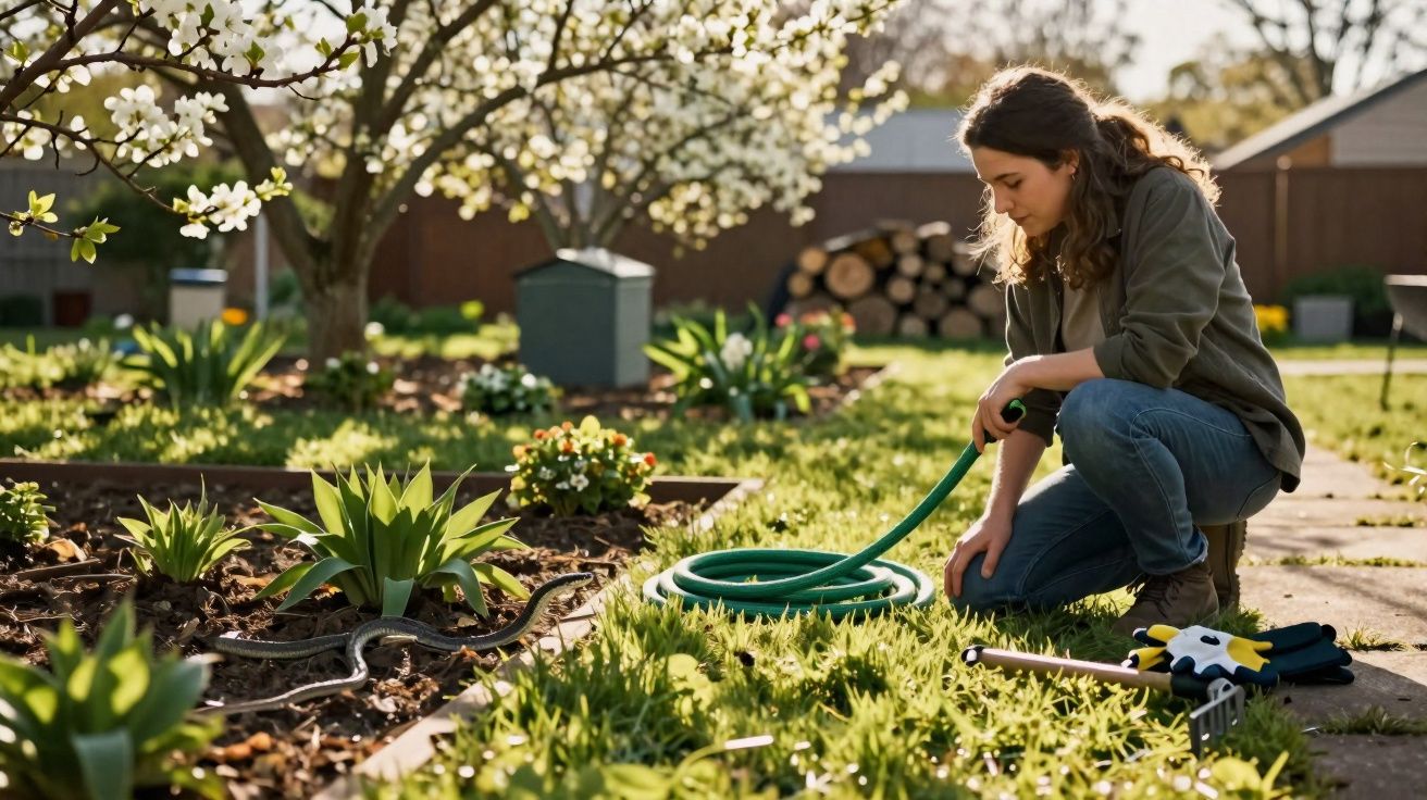 Mulher agachada rega plantas num jardim com mangueira verde, rodeada de árvores floridas e jardim bem cuidado.