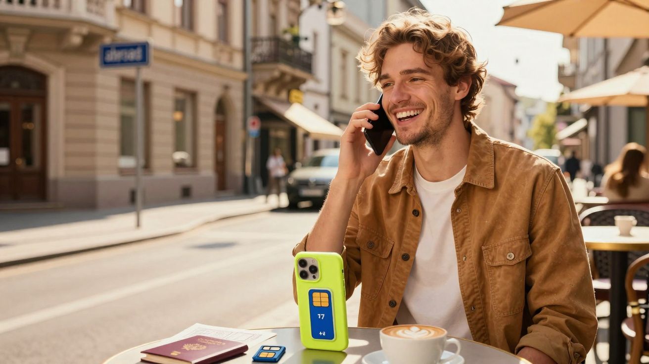 Homem sorridente a falar ao telemóvel sentado numa esplanada com café e passaporte na mesa.