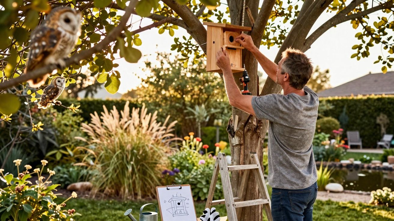 Homem instala casa de pássaros numa árvore num jardim florido ao entardecer.