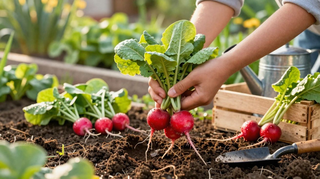 Mãos a colher rabanetes frescos num jardim com terra, caixa de madeira e regador ao fundo.