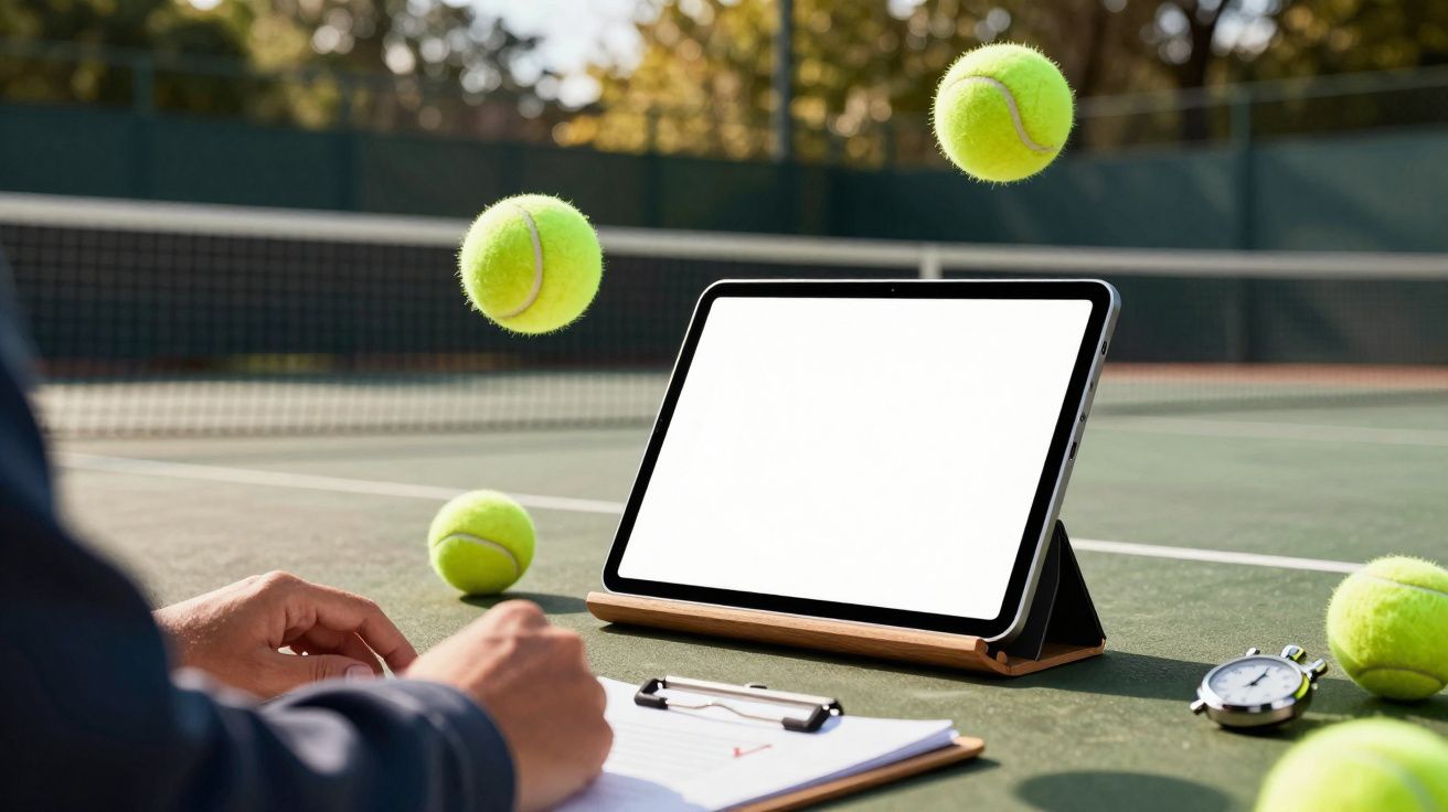 Mãos a escrever em prancheta junto a tablet com ecrã branco, bolas de ténis e cronómetro numa quadra de ténis.