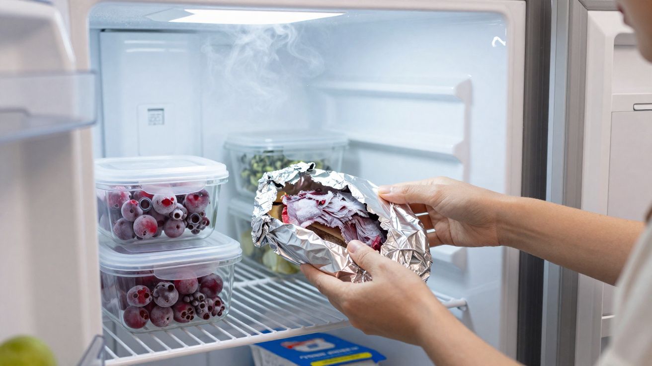 Mãos a colocar comida embrulhada em alumínio quente dentro do frigorífico com vapor visível no interior.