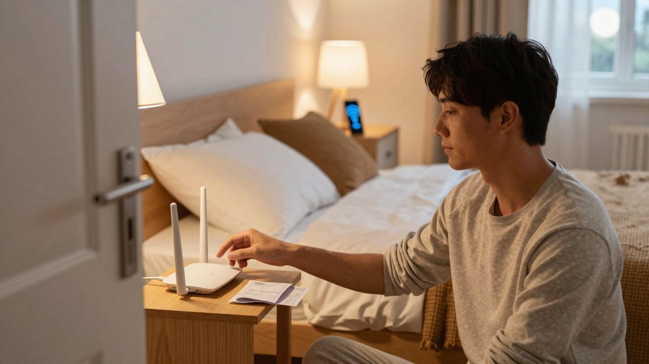 Homem a ajustar router Wi-Fi num quarto com cama feita e iluminação suave.