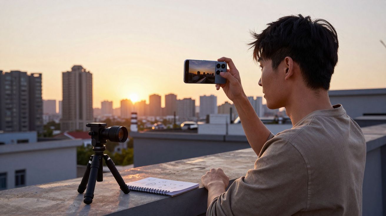 Homem fotografa pôr do sol na cidade com telemóvel no terraço, ao lado de câmara em tripé e caderno.