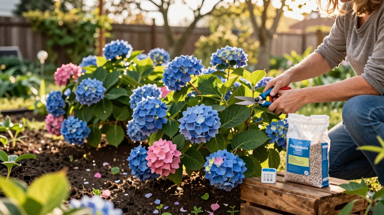 Pessoa a podar flores hortênsias azuis e cor-de-rosa num jardim ao entardecer.