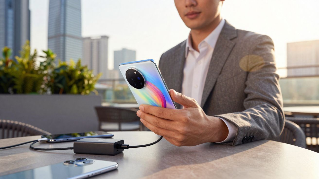 Homem de fato cinzento usando telemóvel moderno num terraço urbano ao pôr do sol.