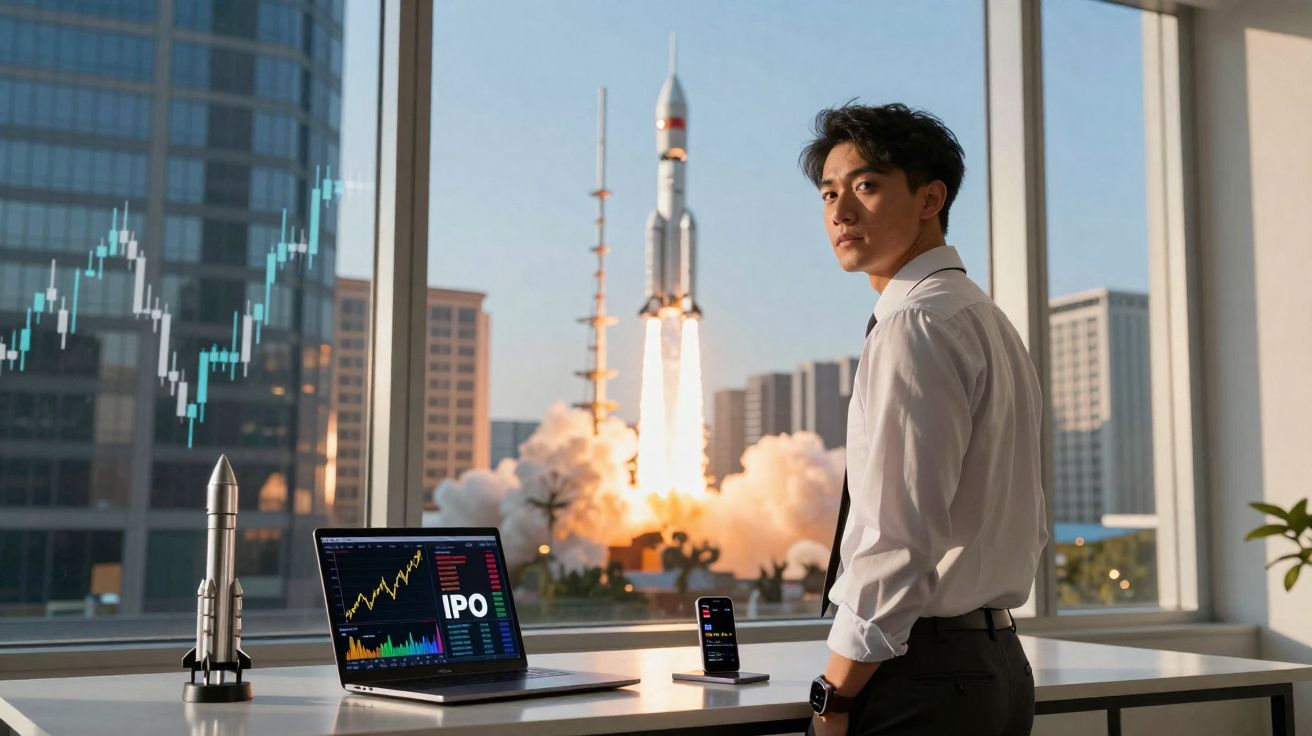 Homem de negócios em escritório observa lançamento de foguetão através da janela com gráficos financeiros na secretária.