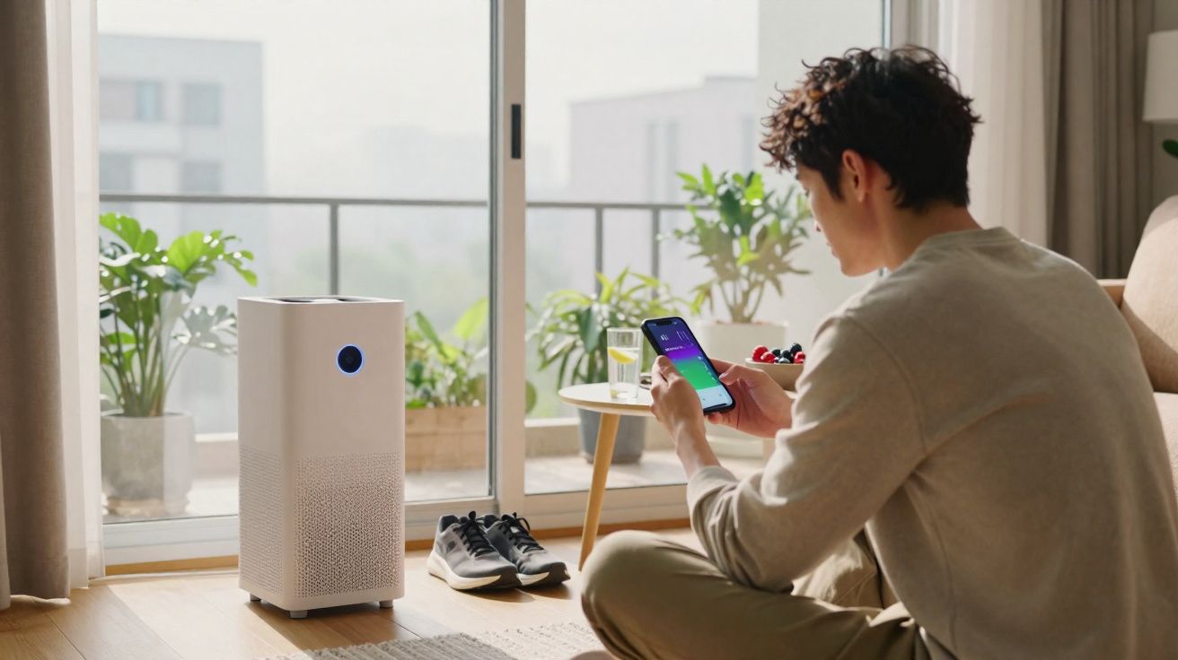 Homem sentado no chão junto a purificador de ar, a usar telemóvel numa sala com varanda e plantas.