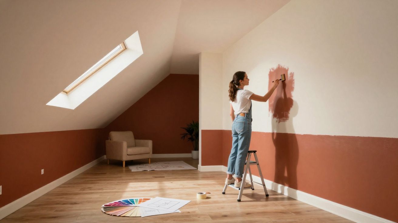Mulher a pintar parede branca de castanho claro numa sala com teto inclinado e janela de correr.