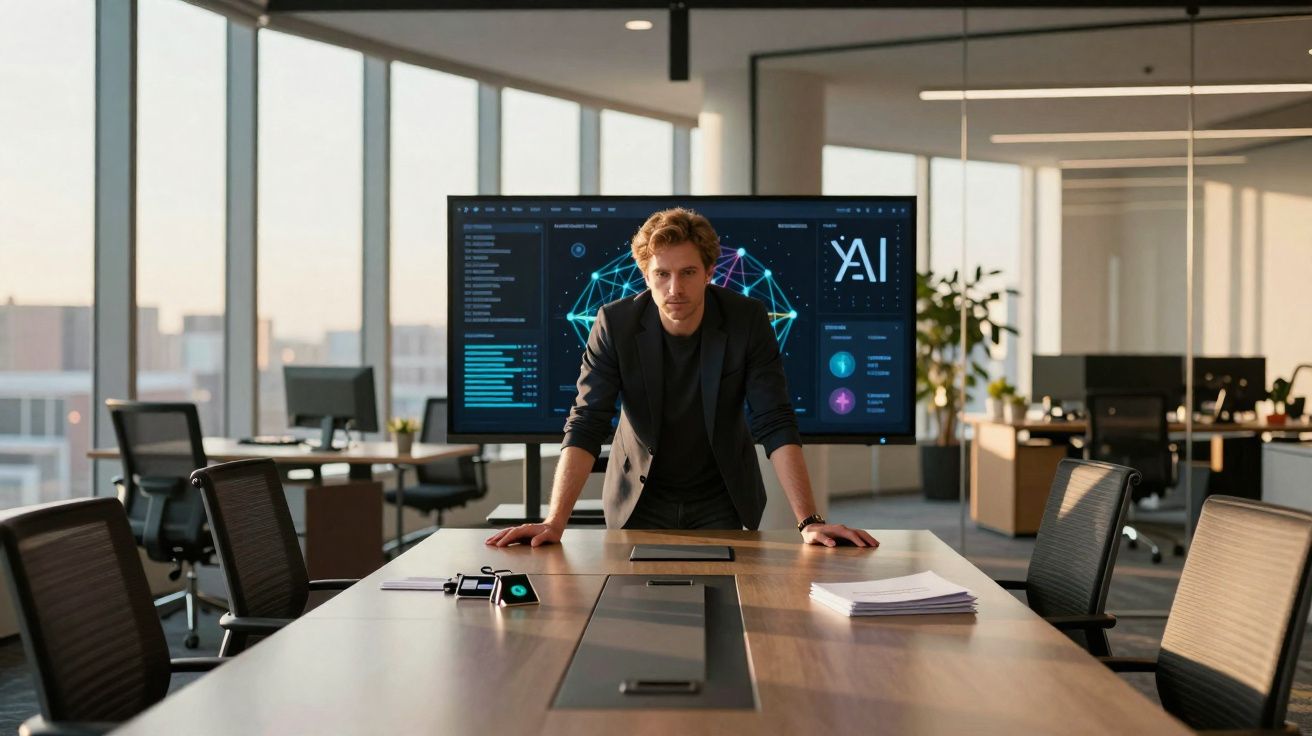 Homem de negócios em escritório moderno com ecrã digital exibindo gráficos de inteligência artificial.