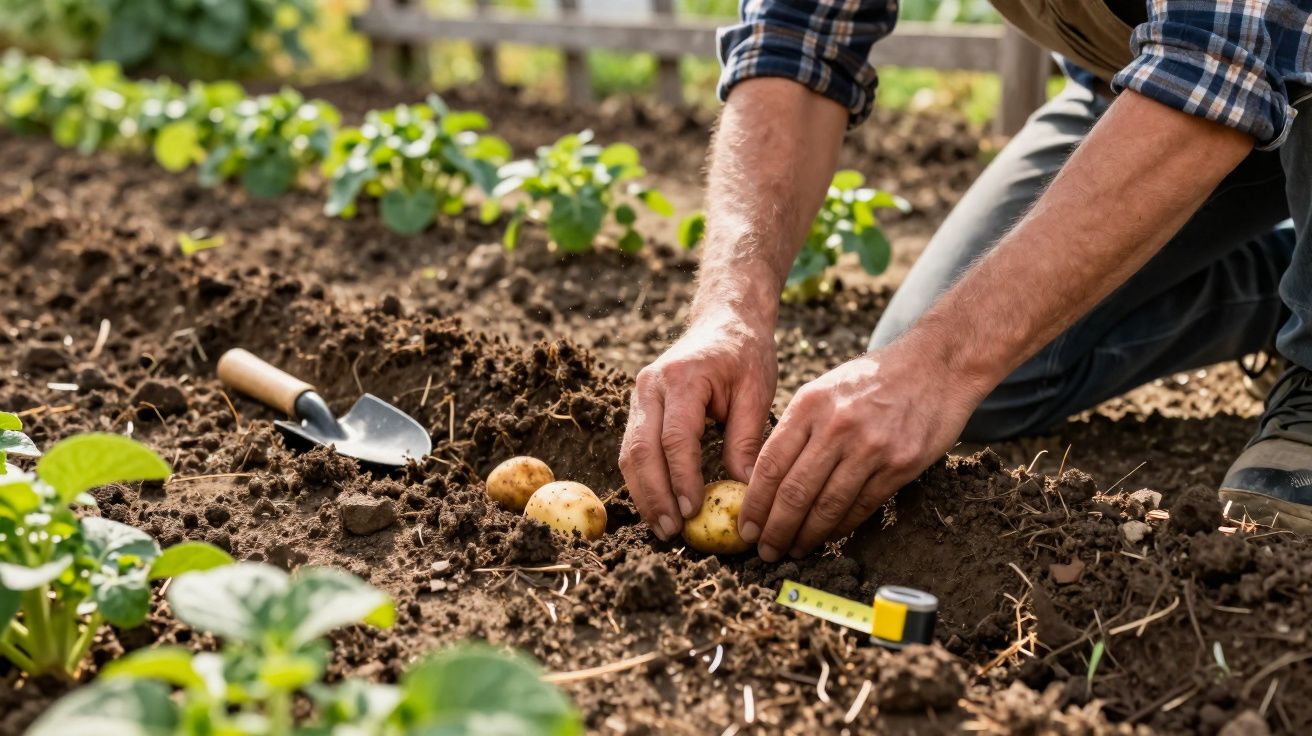 Mãos de agricultor a colher batatas no solo, com enxada e fita métrica ao lado no campo.