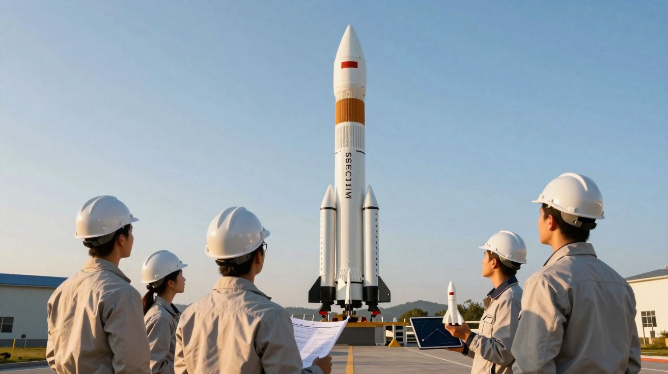 Cinco engenheiros com capacetes brancos observam um grande foguete branco na plataforma de lançamento ao ar livre.