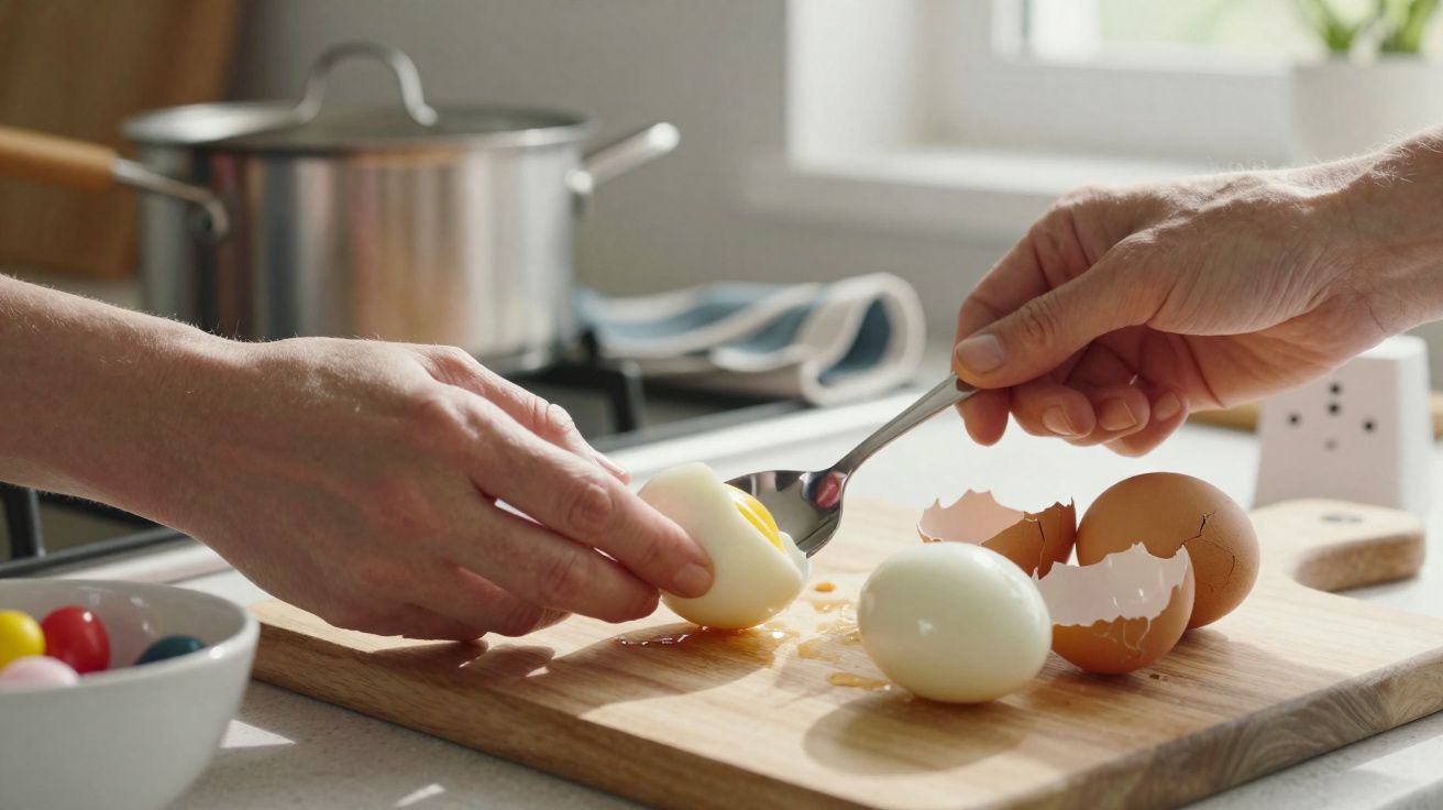 Duas mãos a preparar ovos cozidos numa tábua de madeira numa cozinha iluminada.