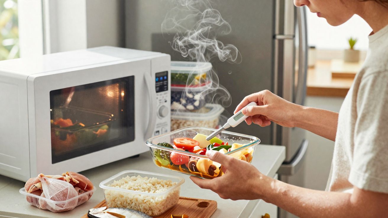 Pessoa a medir a temperatura de comida quente numa taça de vidro perto do micro-ondas na cozinha.