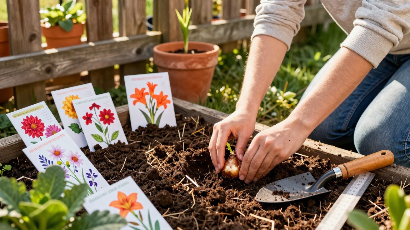 Pessoa a plantar um bulbo de flor num canteiro com etiquetas de flores diversas ao redor.