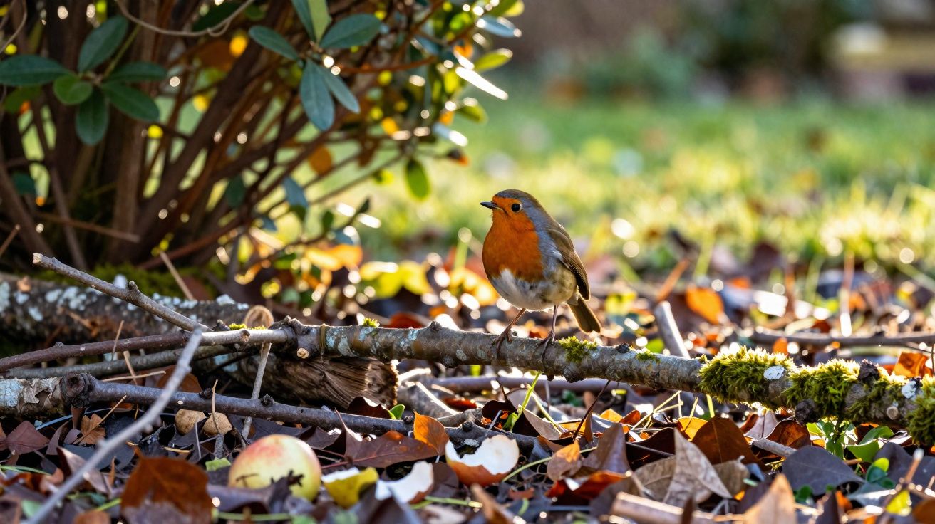 Pisco-de-peito-ruivo pousado num tronco entre folhas caídas e maçãs no chão, com arbustos ao fundo.